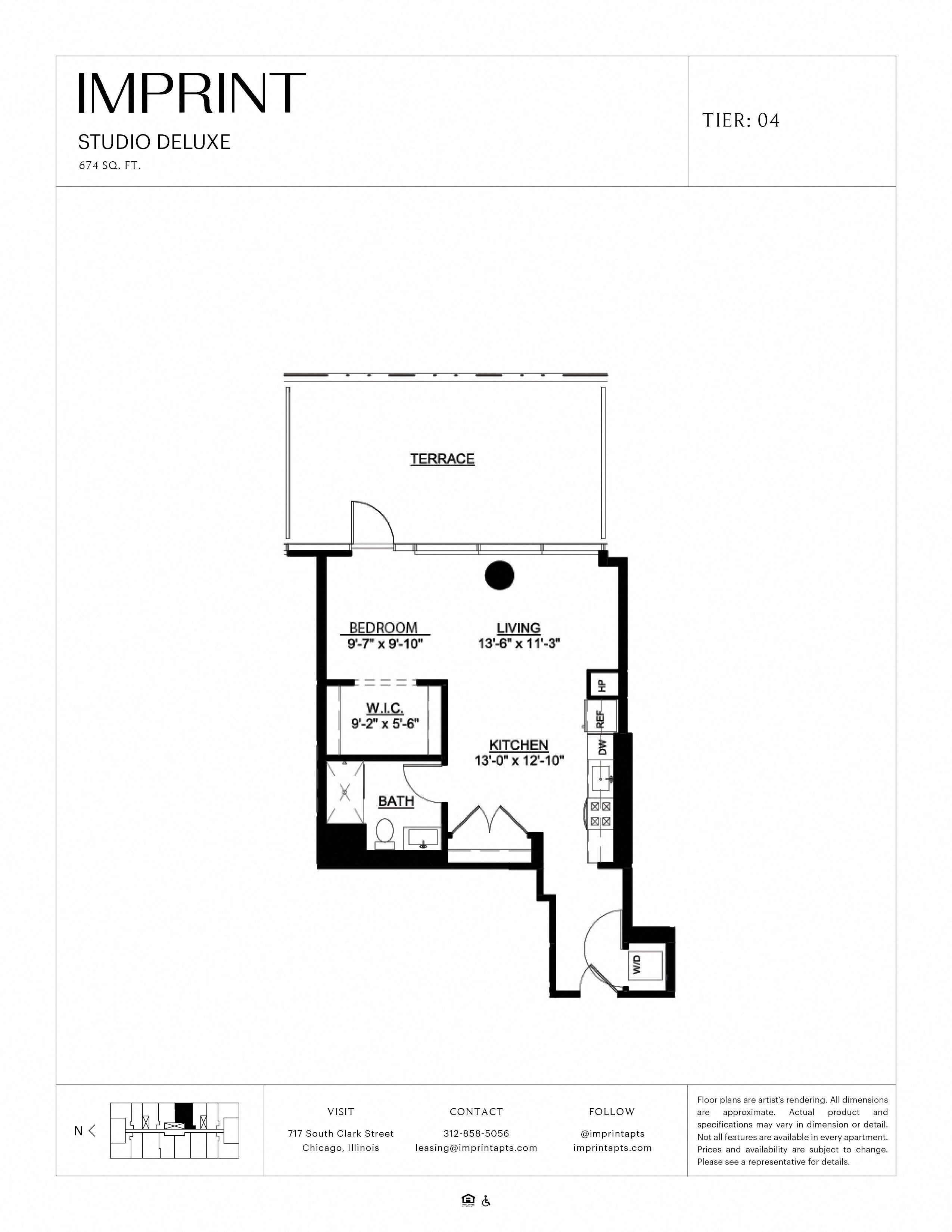 Floor plan for studio, 1 bath, 674 sqft